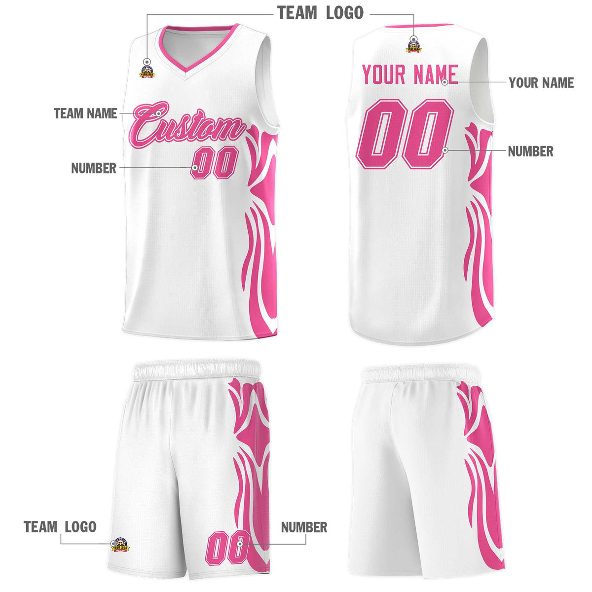 Custom White Pink-Pink Graffiti Pattern Side Curve Pattern Sports Uniform Basketball Jersey Sets
