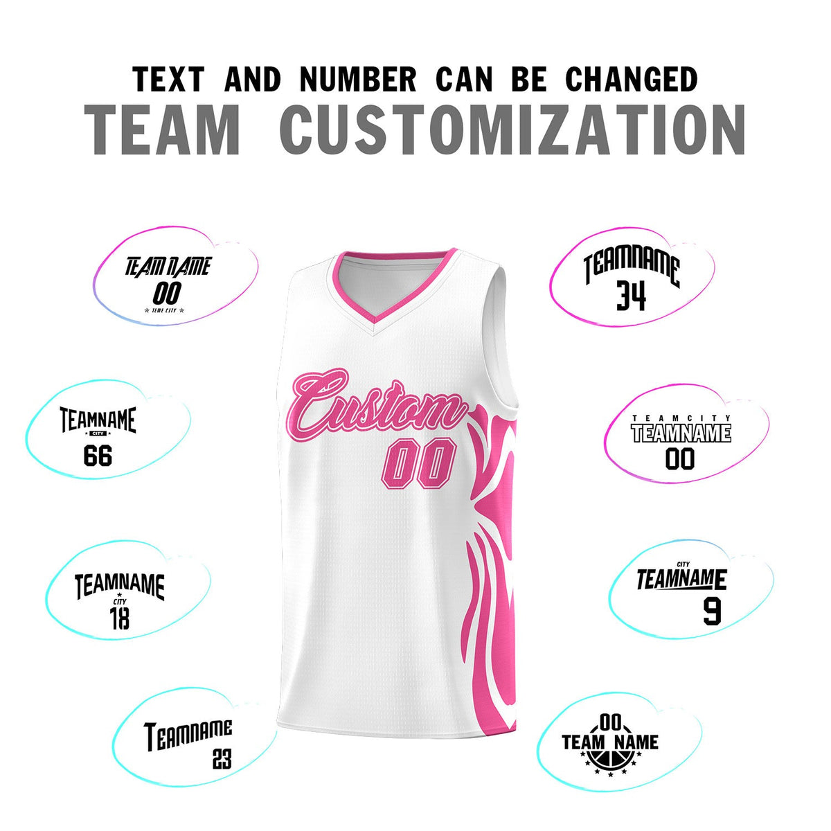 Custom White Pink-Pink Graffiti Pattern Side Curve Pattern Sports Uniform Basketball Jersey Sets