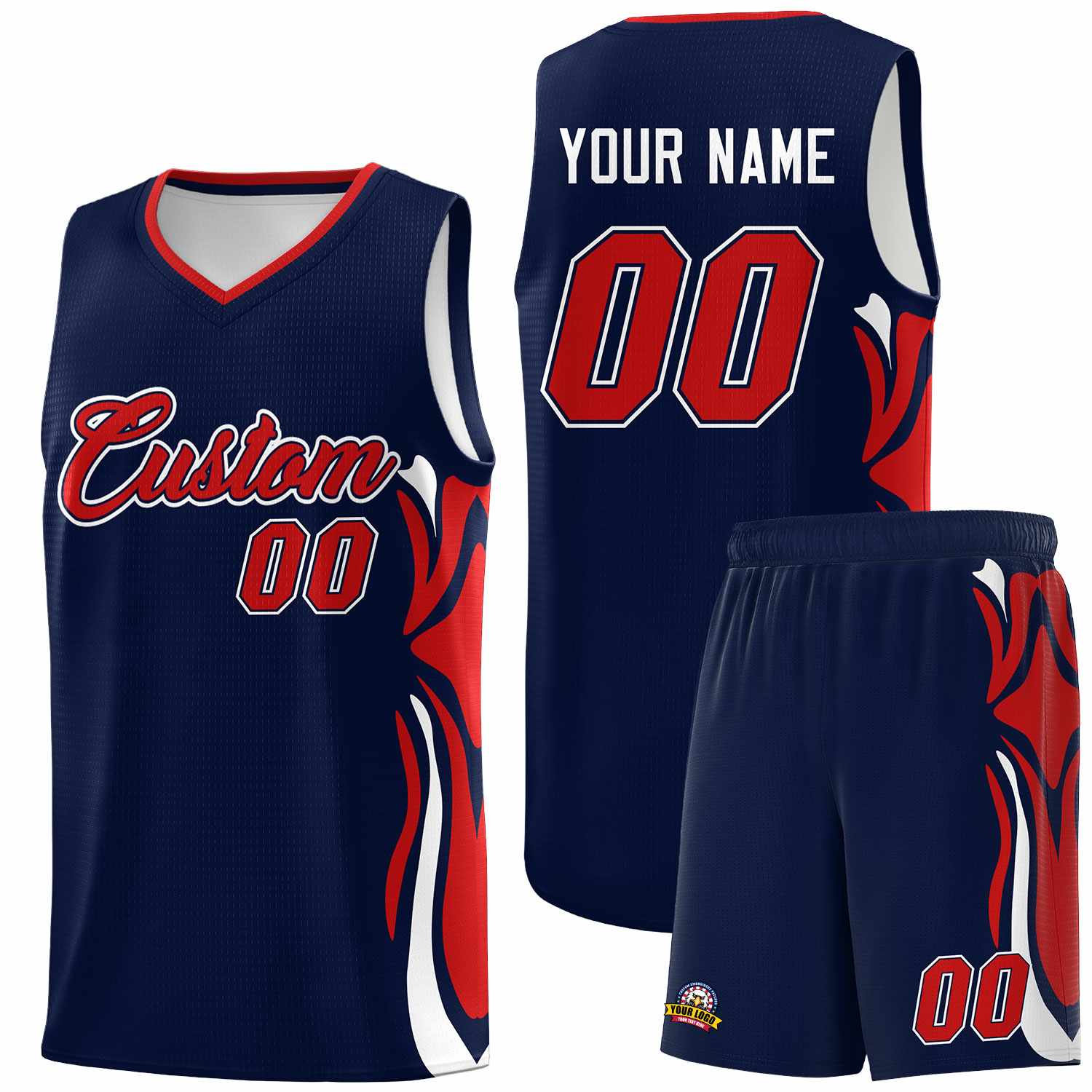 Custom Navy Red-White Graffiti Pattern Side Curve Pattern Sports Uniform Basketball Jersey Sets