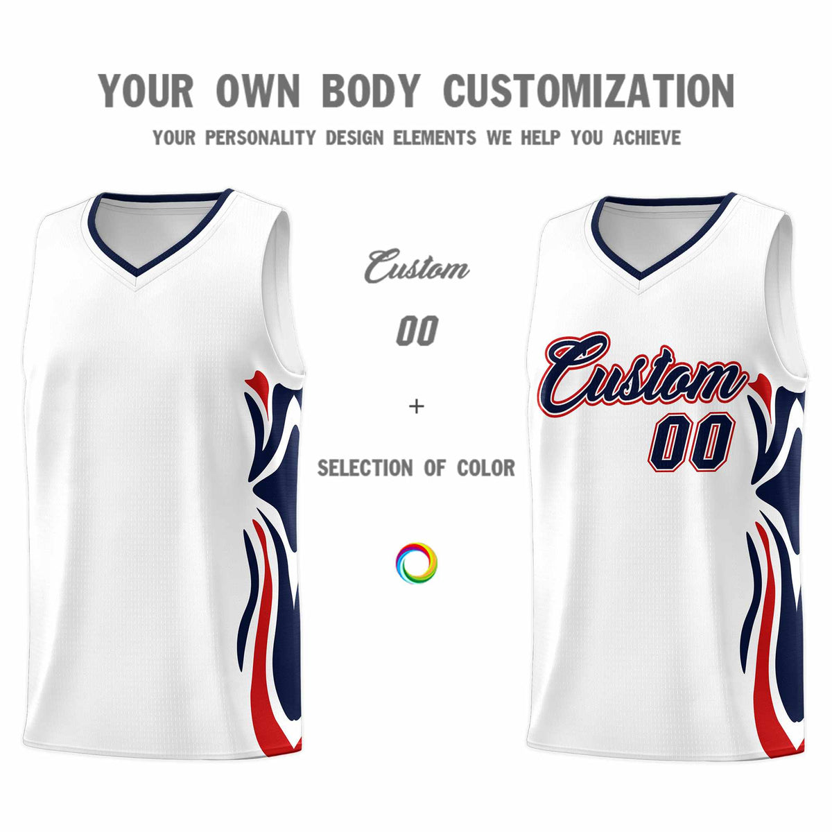 Custom White Navy-Red Graffiti Pattern Side Curve Pattern Sports Uniform Basketball Jersey Sets