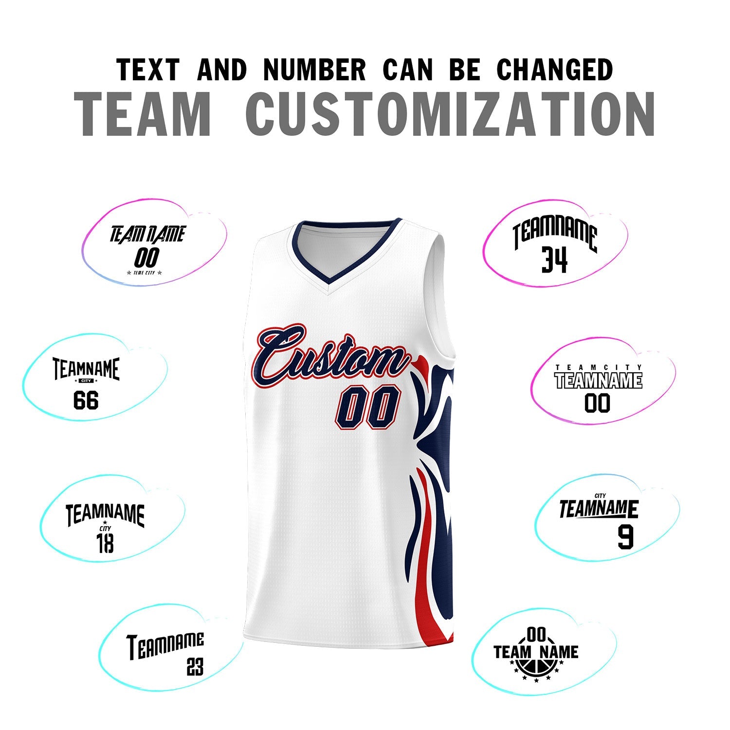 Custom White Navy-Red Graffiti Pattern Side Curve Pattern Sports Uniform Basketball Jersey Sets
