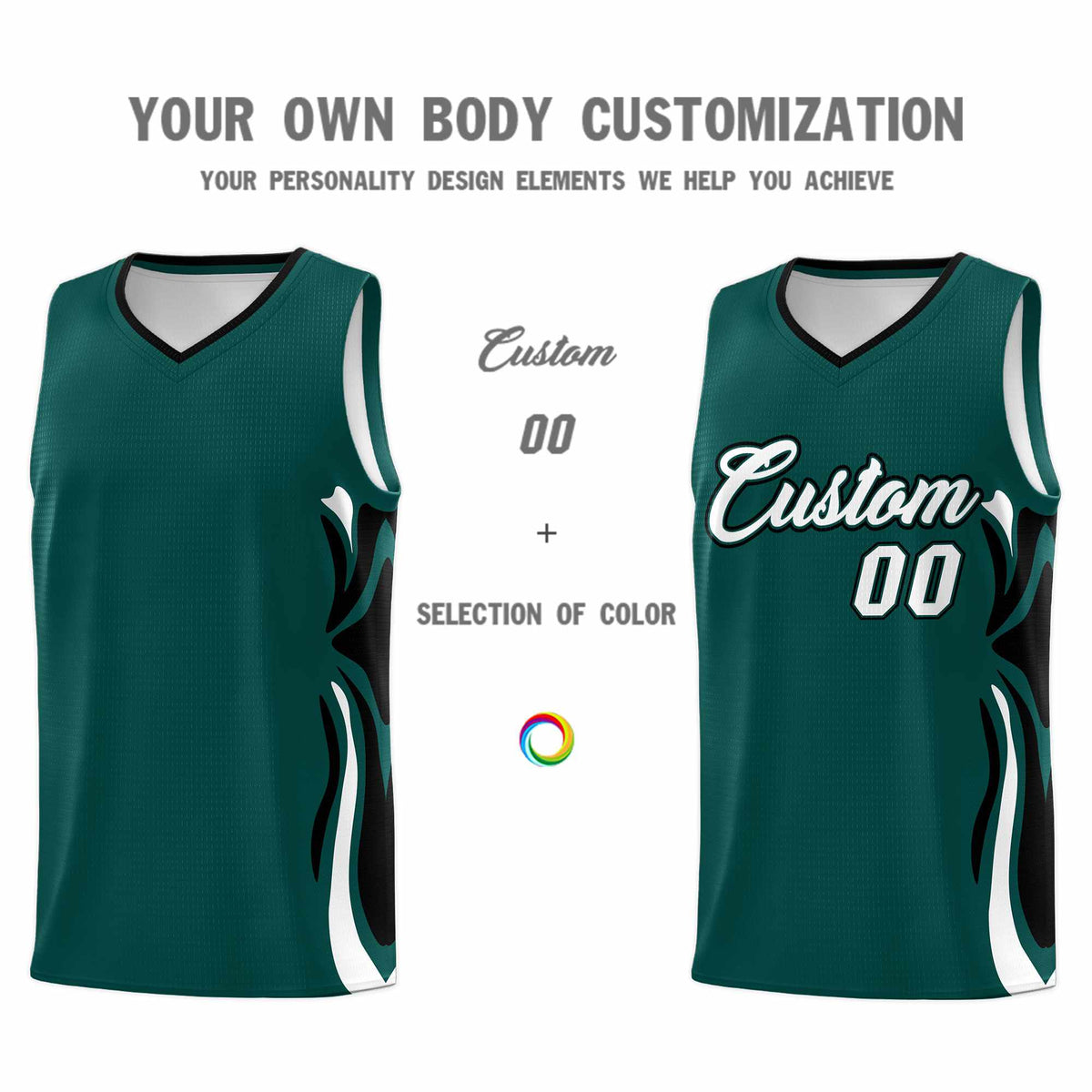 Custom Midnight Green White-Black Graffiti Pattern Side Curve Pattern Sports Uniform Basketball Jersey Sets