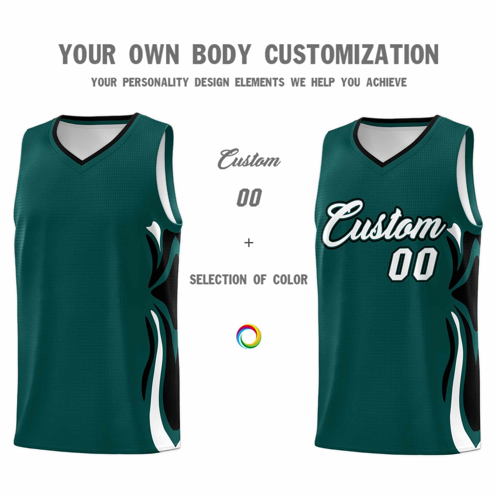 Custom Midnight Green White-Black Graffiti Pattern Side Curve Pattern Sports Uniform Basketball Jersey Sets