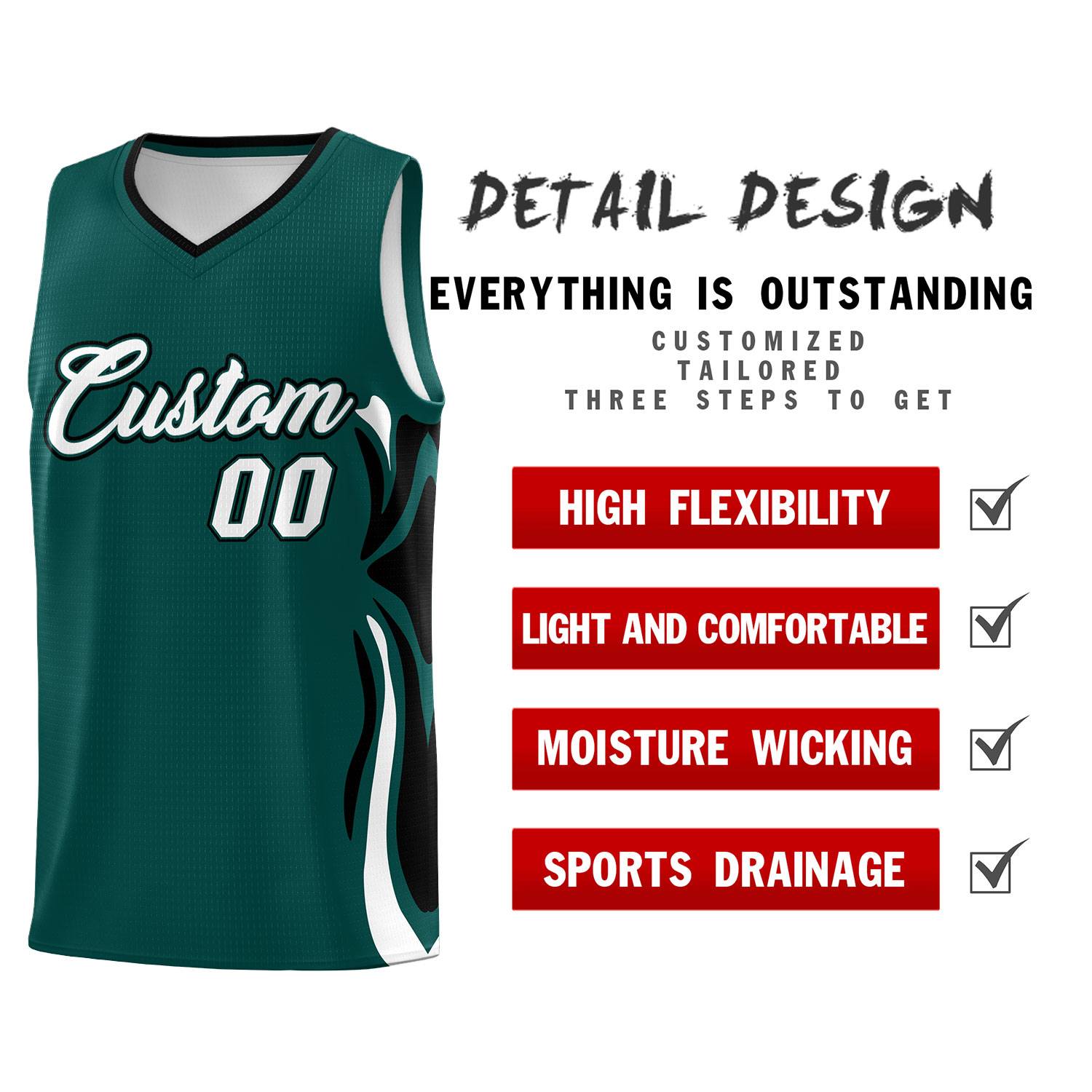 Custom Midnight Green White-Black Graffiti Pattern Side Curve Pattern Sports Uniform Basketball Jersey Sets