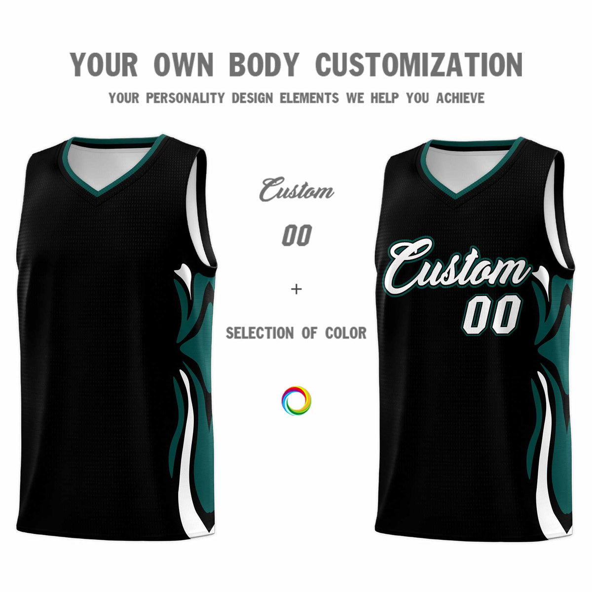 Custom Black White-Midnight Green Graffiti Pattern Side Curve Pattern Sports Uniform Basketball Jersey Sets