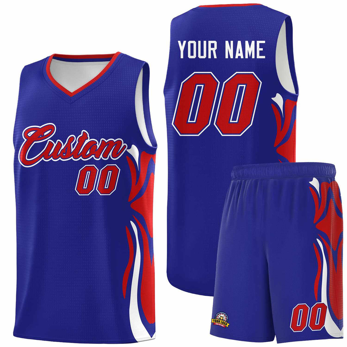 Custom Royal Red-White Graffiti Pattern Side Curve Pattern Sports Uniform Basketball Jersey Sets