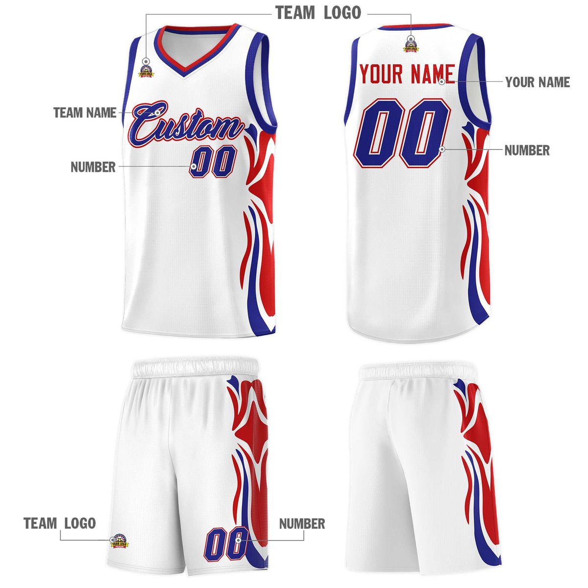 Custom White Royal-Red Graffiti Pattern Side Curve Pattern Sports Uniform Basketball Jersey Sets