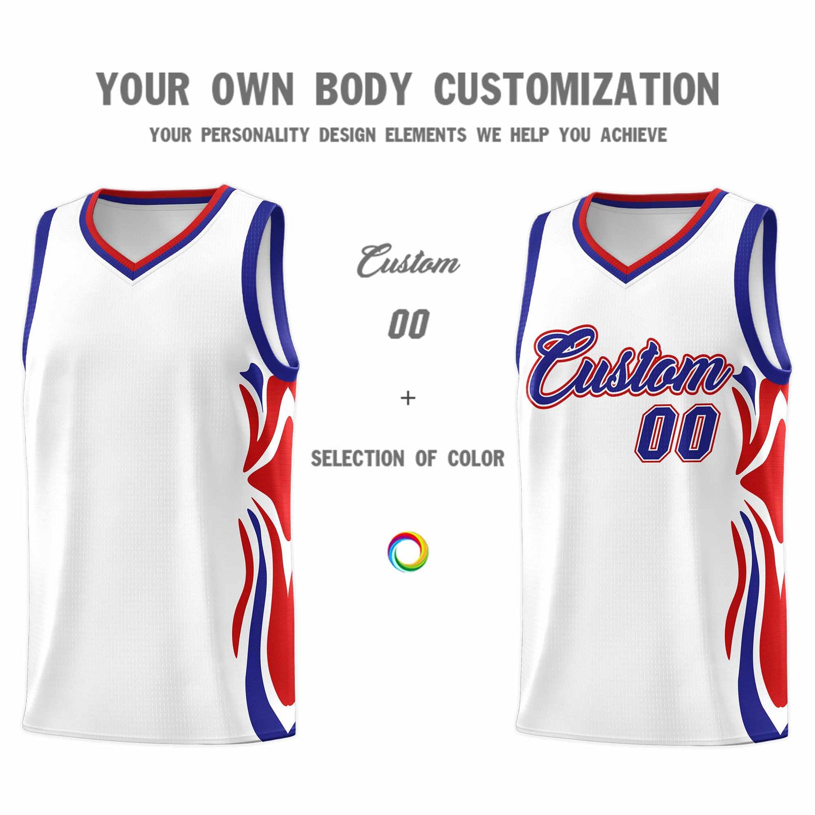 Custom White Royal-Red Graffiti Pattern Side Curve Pattern Sports Uniform Basketball Jersey Sets