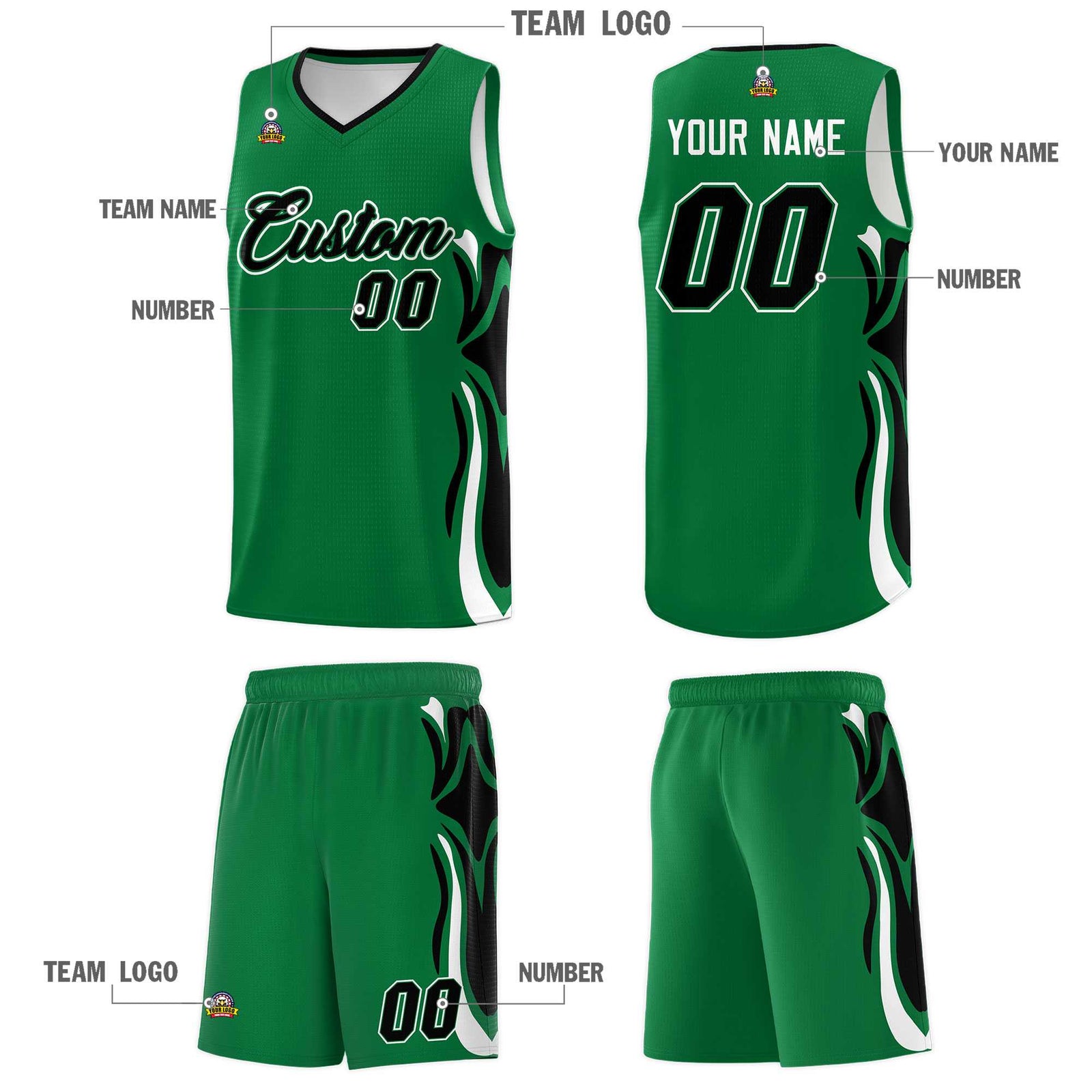 Custom Kelly Green Black-White Graffiti Pattern Side Curve Pattern Sports Uniform Basketball Jersey Sets
