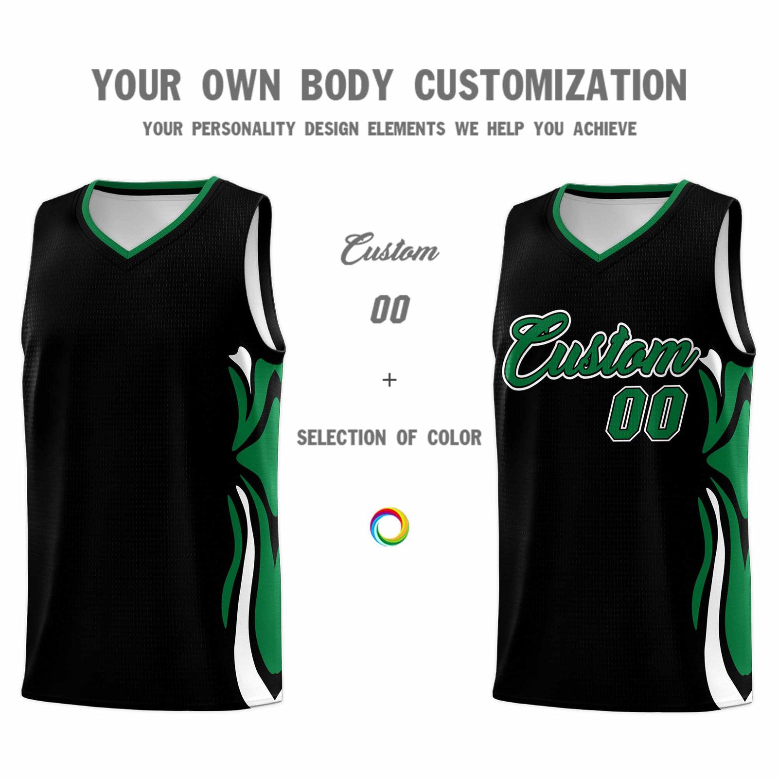 Custom Black Kelly Green-White Graffiti Pattern Side Curve Pattern Sports Uniform Basketball Jersey Sets