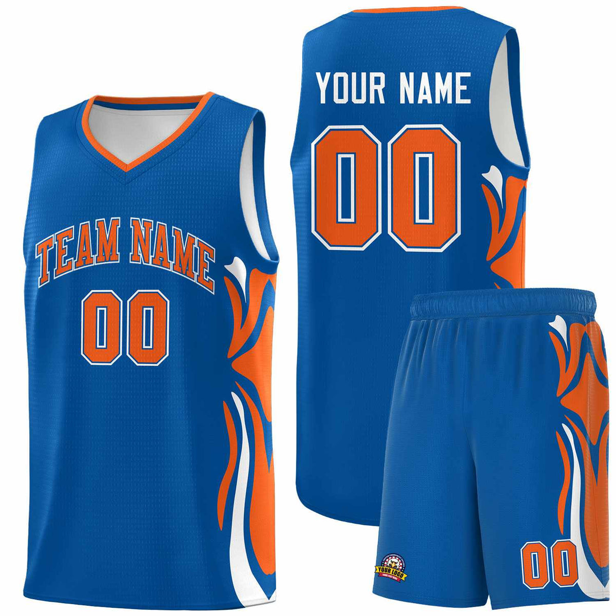 Custom Royal Orange-White Graffiti Pattern Side Curve Pattern Sports Uniform Basketball Jersey Sets