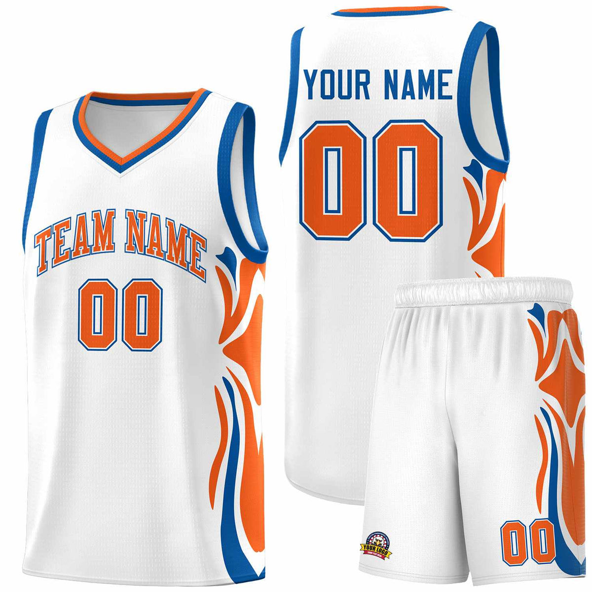 Custom White Orange-Royal Graffiti Pattern Side Curve Pattern Sports Uniform Basketball Jersey Sets