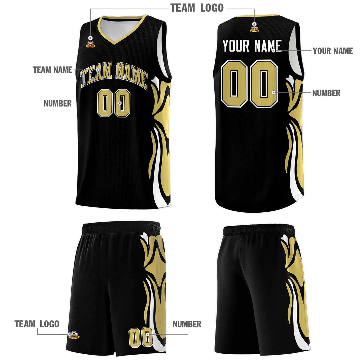 Custom Black Old Gold-White Graffiti Pattern Side Curve Pattern Sports Uniform Basketball Jersey Sets