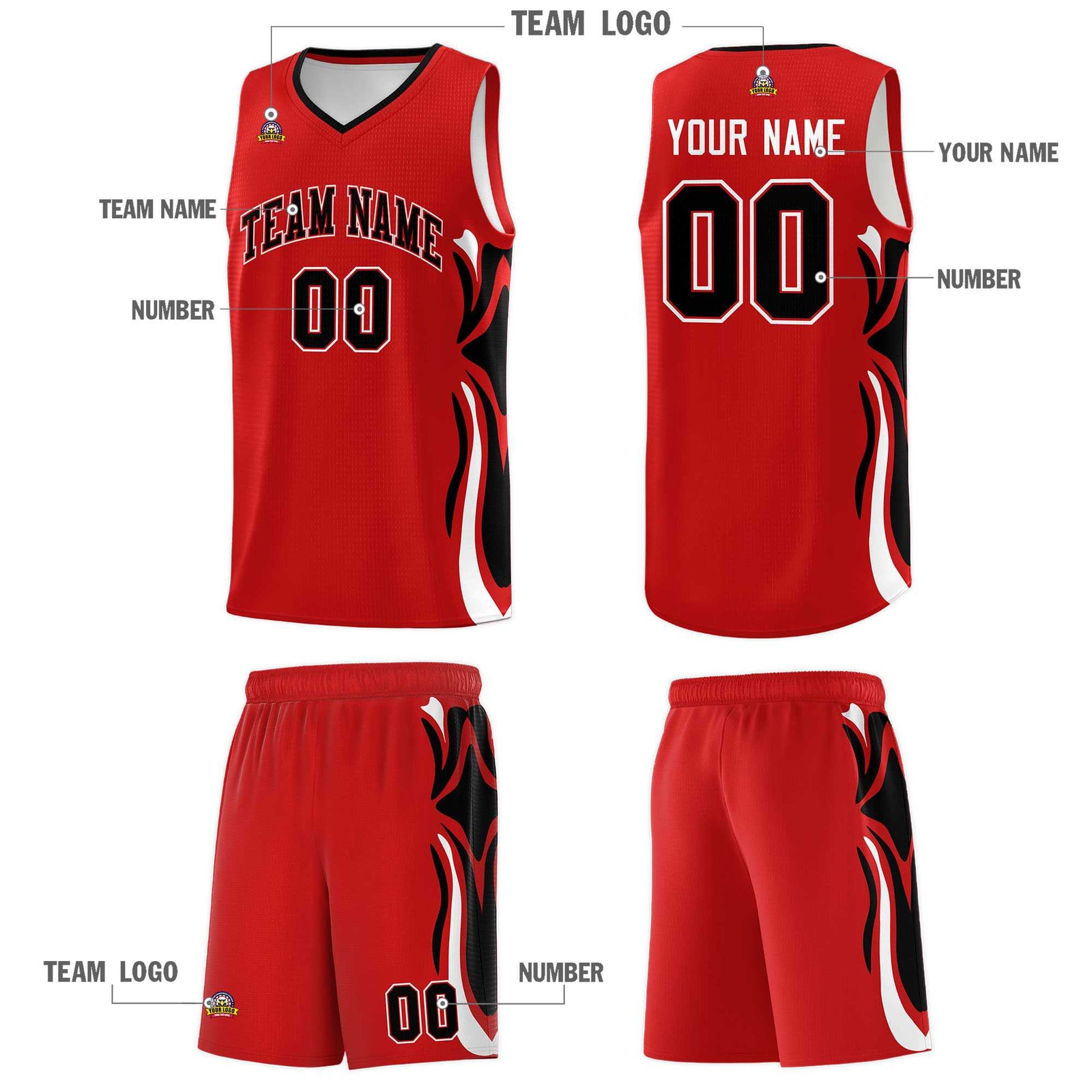 Custom Red Black-White Graffiti Pattern Side Curve Pattern Sports Uniform Basketball Jersey Sets