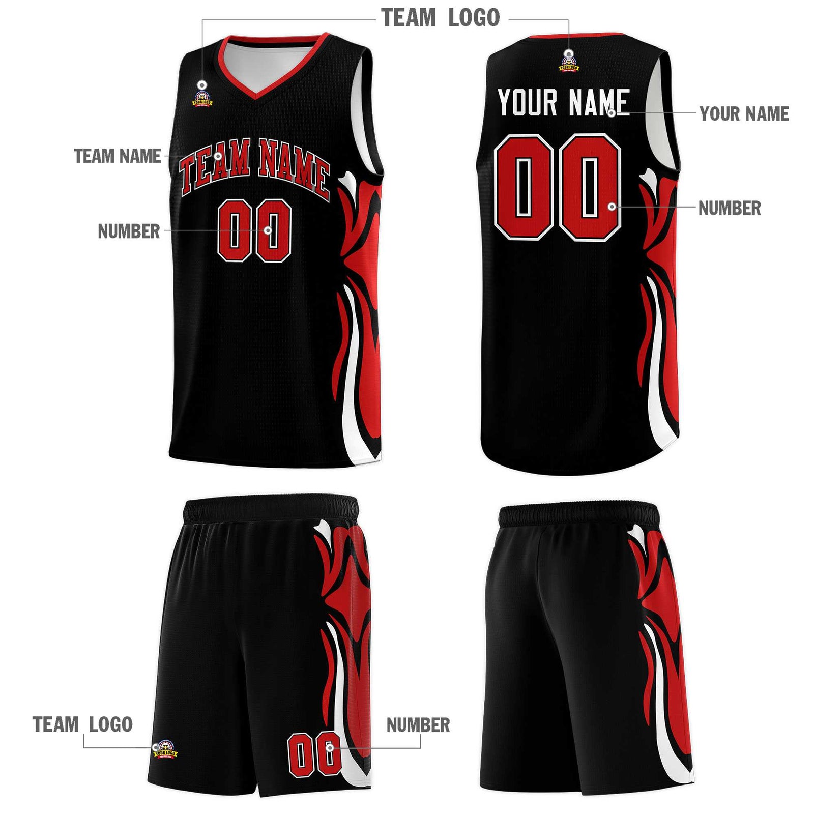 Custom Black Red-White Graffiti Pattern Side Curve Pattern Sports Uniform Basketball Jersey Sets