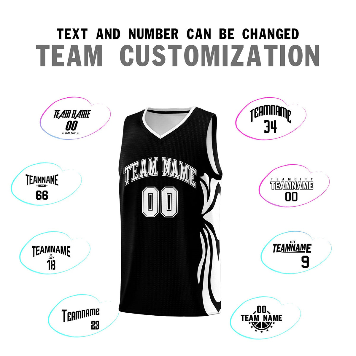 Custom Black White-White Graffiti Pattern Side Curve Pattern Sports Uniform Basketball Jersey Sets
