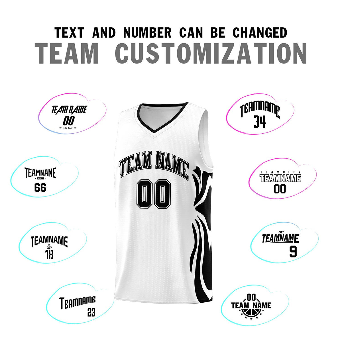 Custom White Black-Black Graffiti Pattern Side Curve Pattern Sports Uniform Basketball Jersey Sets