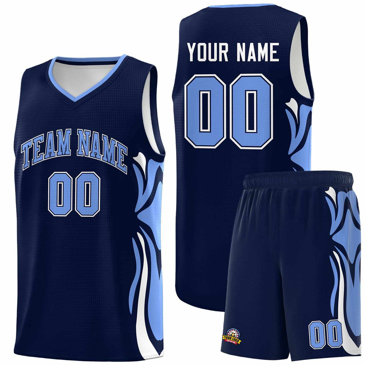 Custom Navy Light Blue-White Graffiti Pattern Side Curve Pattern Sports Uniform Basketball Jersey Sets