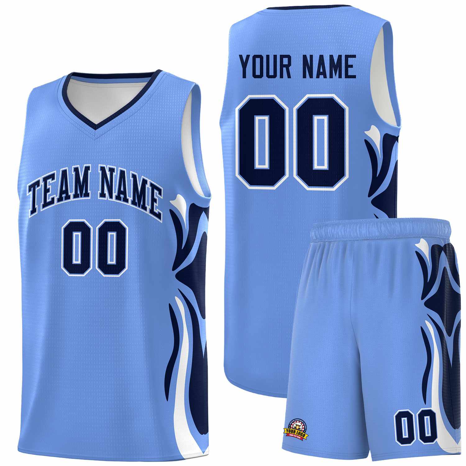 Custom Light Blue Navy-White Graffiti Pattern Side Curve Pattern Sports Uniform Basketball Jersey Sets