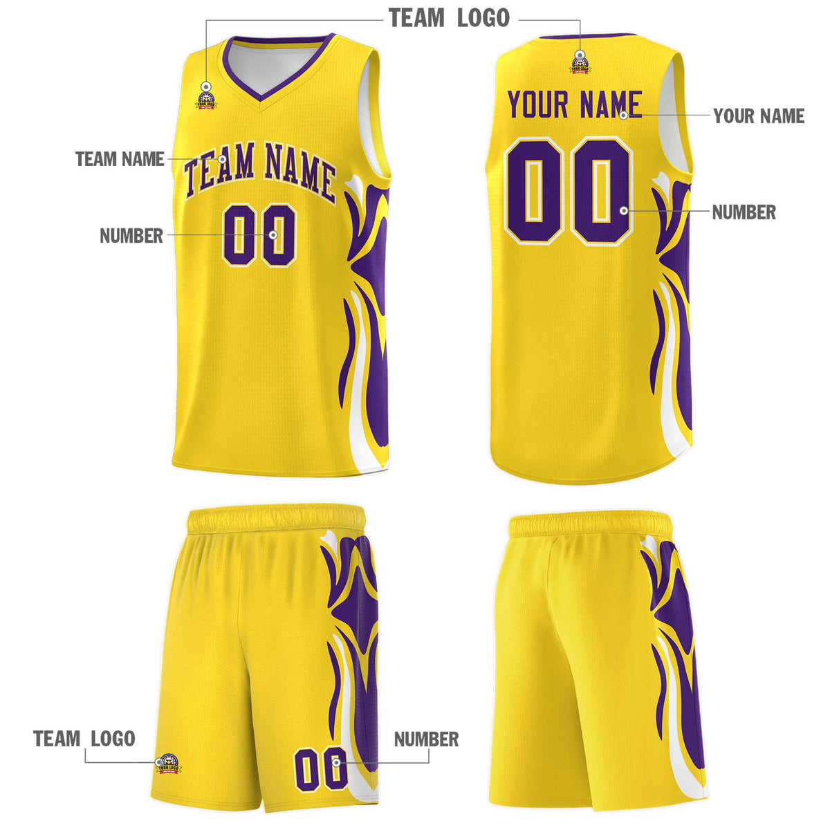 Custom Gold Purple-White Graffiti Pattern Side Curve Pattern Sports Uniform Basketball Jersey Sets