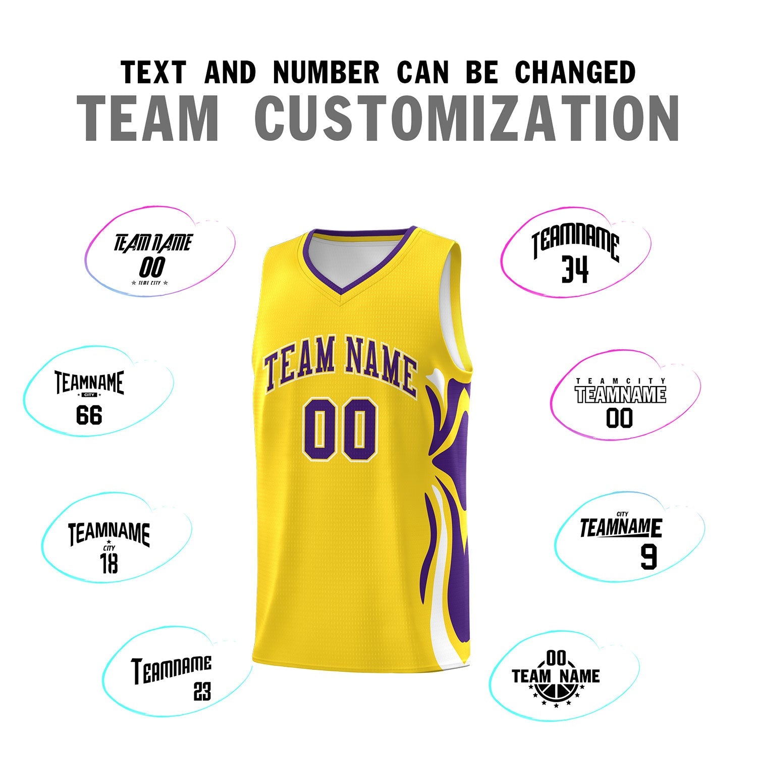 Custom Gold Purple-White Graffiti Pattern Side Curve Pattern Sports Uniform Basketball Jersey Sets