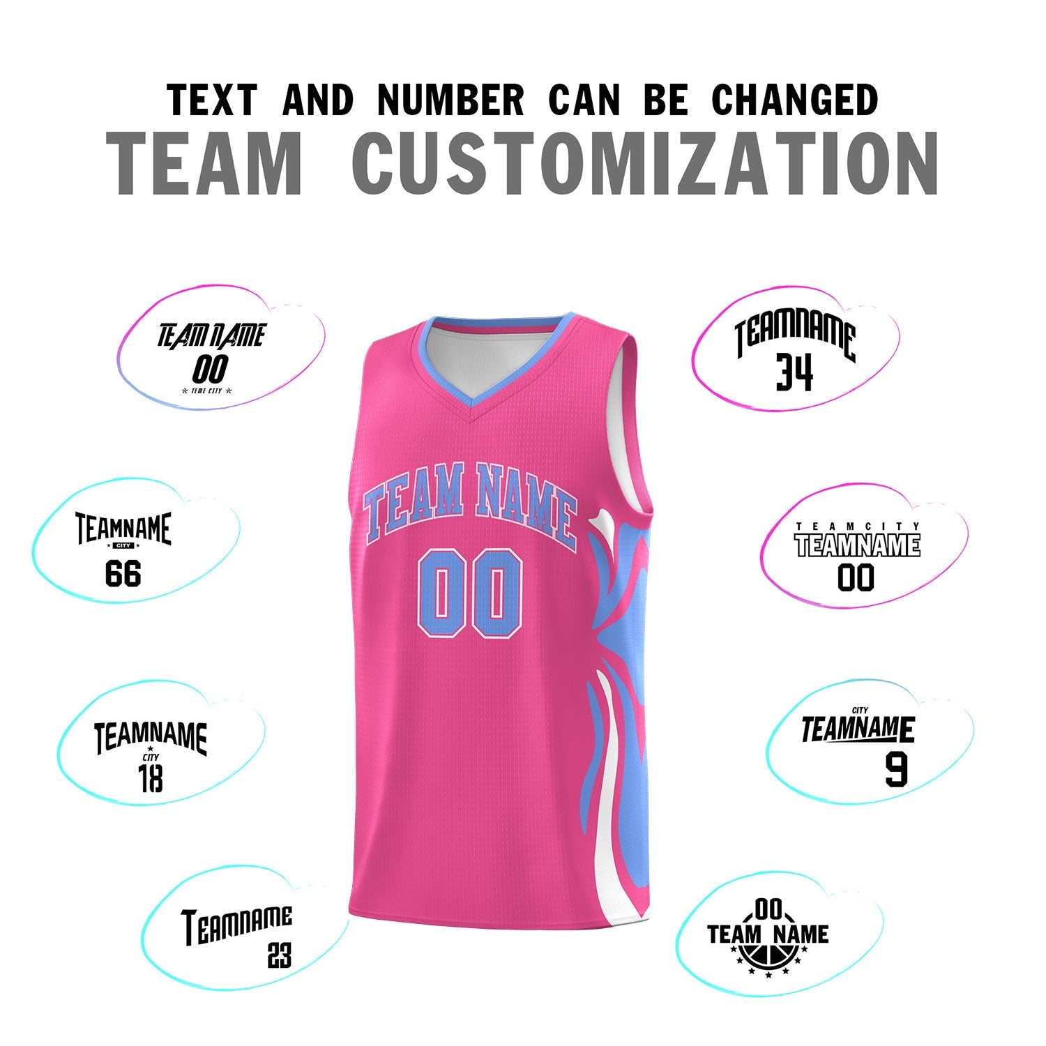 Custom Pink Light Blue-White Graffiti Pattern Side Curve Pattern Sports Uniform Basketball Jersey Sets