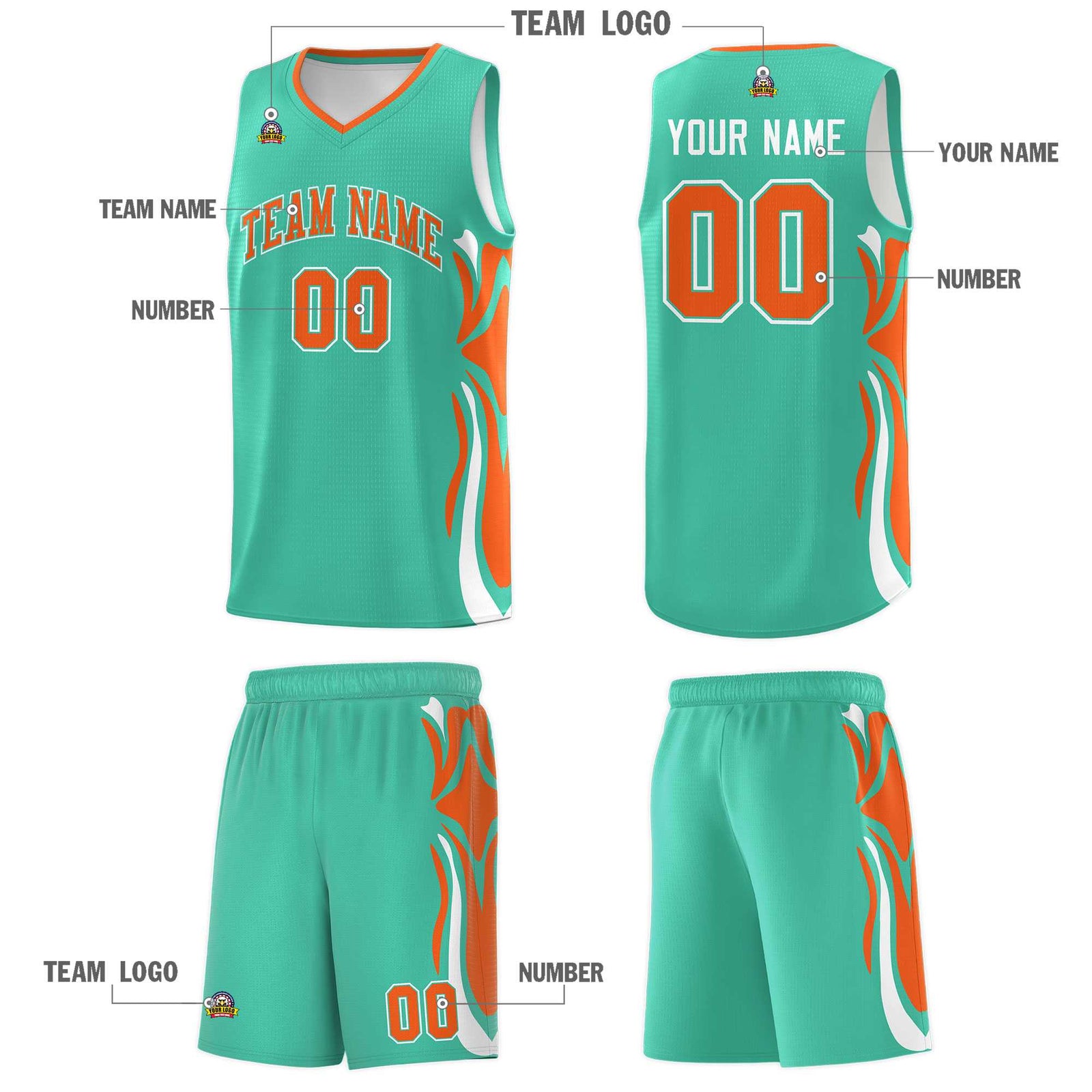 Custom Bright Green Orange-White Graffiti Pattern Side Curve Pattern Sports Uniform Basketball Jersey Sets