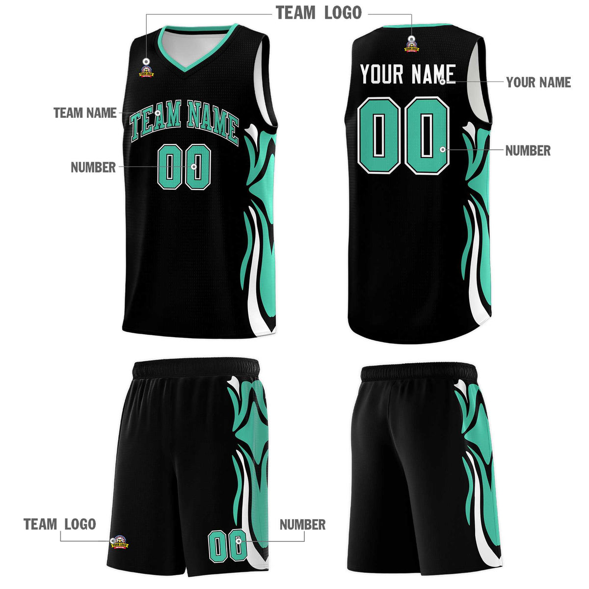 Custom Black Bright Green-White Graffiti Pattern Side Curve Pattern Sports Uniform Basketball Jersey Sets