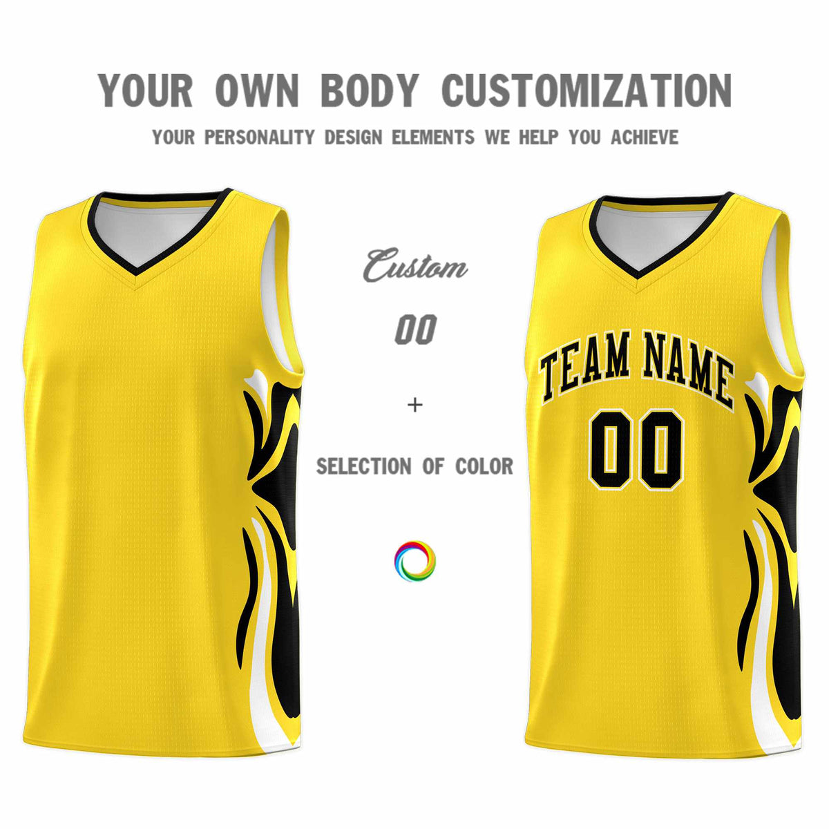 Custom Gold Black-White Graffiti Pattern Side Curve Pattern Sports Uniform Basketball Jersey Sets