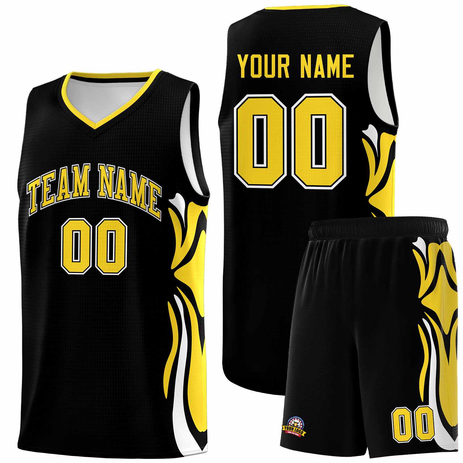 Custom Black Gold-White Graffiti Pattern Side Curve Pattern Sports Uniform Basketball Jersey Sets