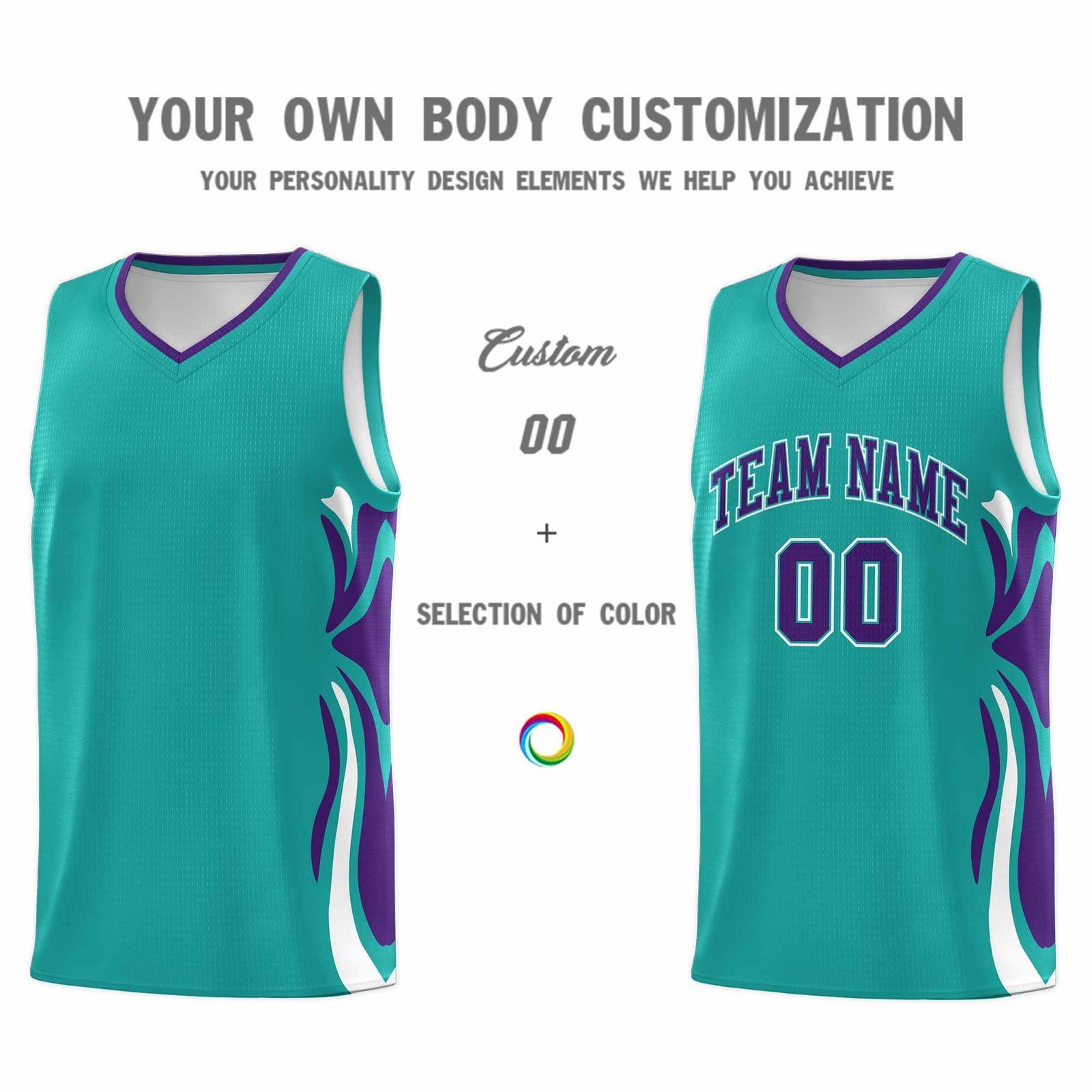 Custom Aqua Purple-White Graffiti Pattern Side Curve Pattern Sports Uniform Basketball Jersey Sets