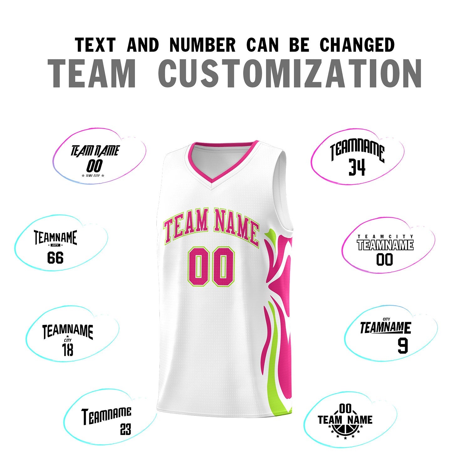Custom White Pink-Light Green Graffiti Pattern Side Curve Pattern Sports Uniform Basketball Jersey Sets