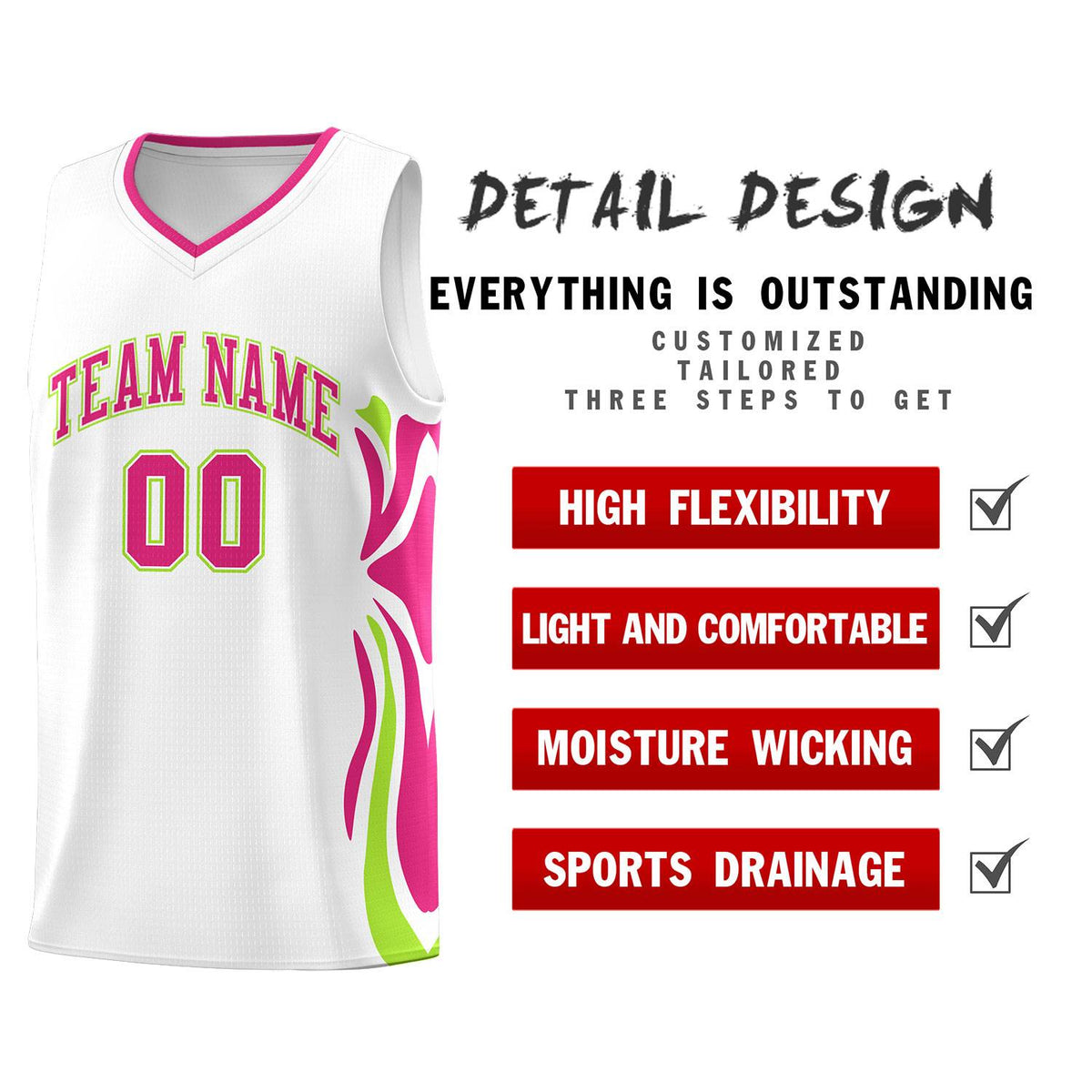 Custom White Pink-Light Green Graffiti Pattern Side Curve Pattern Sports Uniform Basketball Jersey Sets