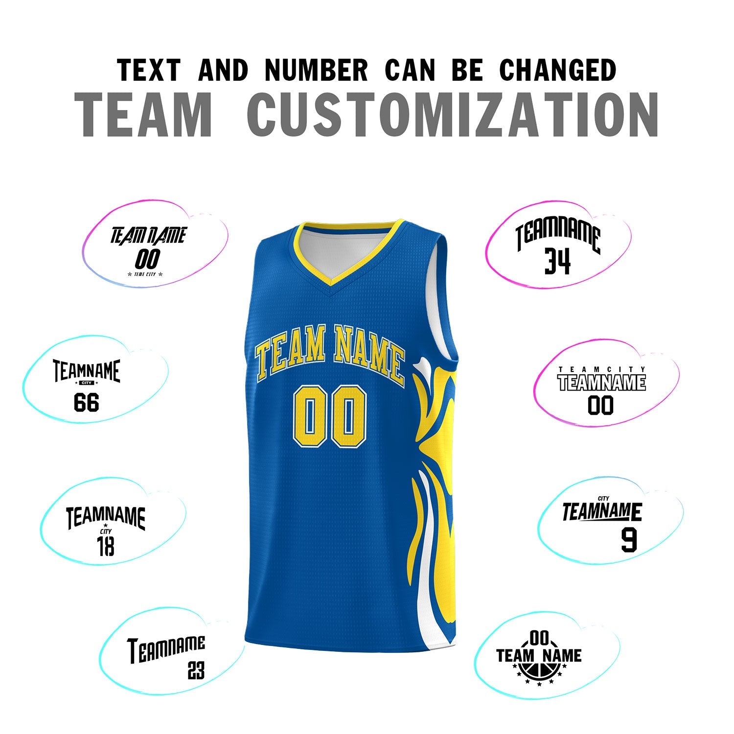 Custom Royal Gold-White Graffiti Pattern Side Curve Pattern Sports Uniform Basketball Jersey Sets