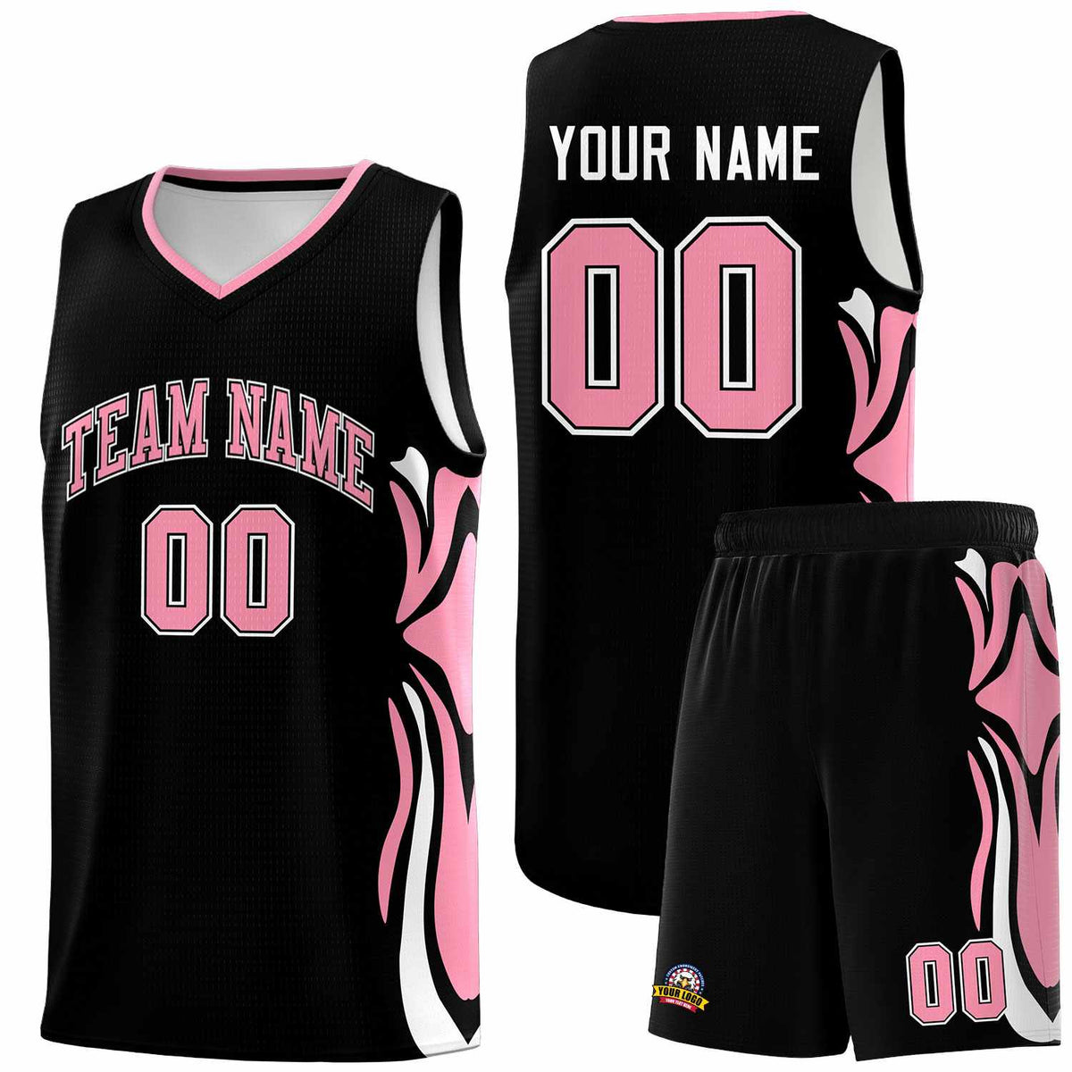 Custom Black Light Pink-White Graffiti Pattern Side Curve Pattern Sports Uniform Basketball Jersey Sets