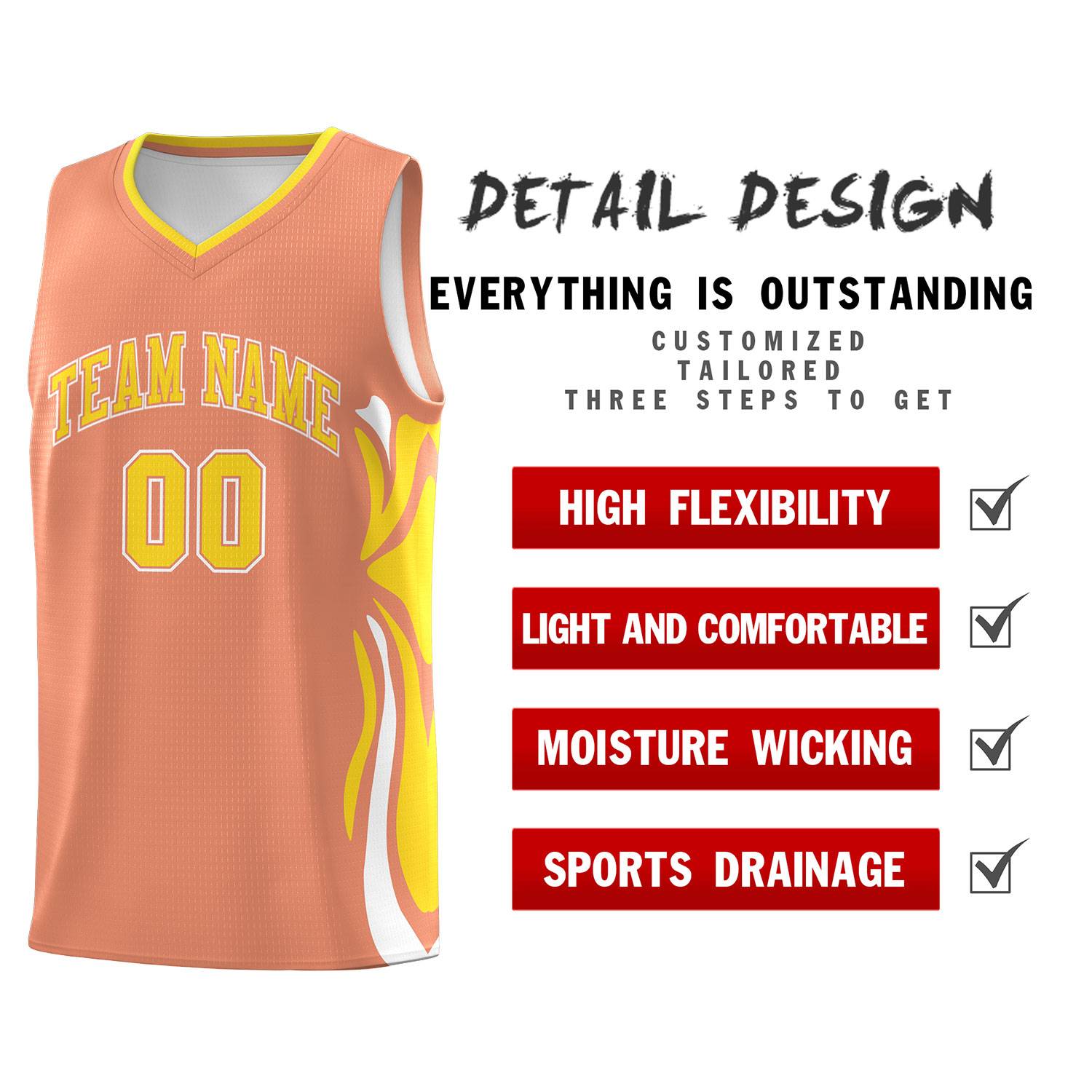 Custom Light Orange Gold-White Graffiti Pattern Side Curve Pattern Sports Uniform Basketball Jersey Sets