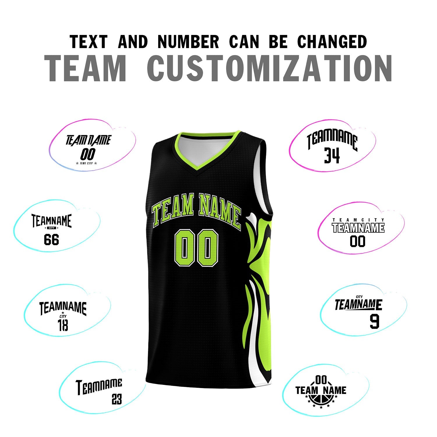 Custom Black Light Green-White Graffiti Pattern Side Curve Pattern Sports Uniform Basketball Jersey Sets