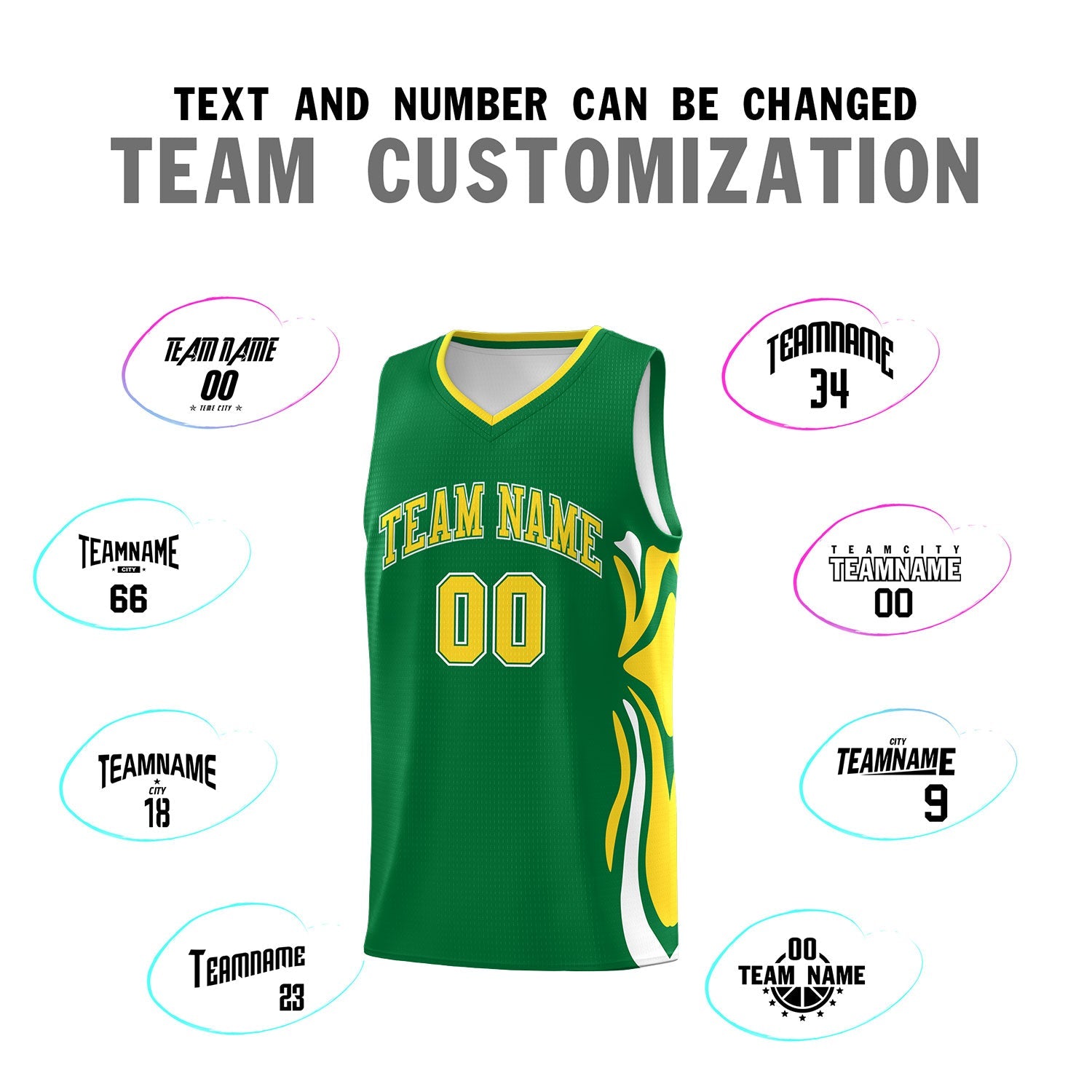 Custom Kelly Green Gold-White Graffiti Pattern Side Curve Pattern Sports Uniform Basketball Jersey Sets