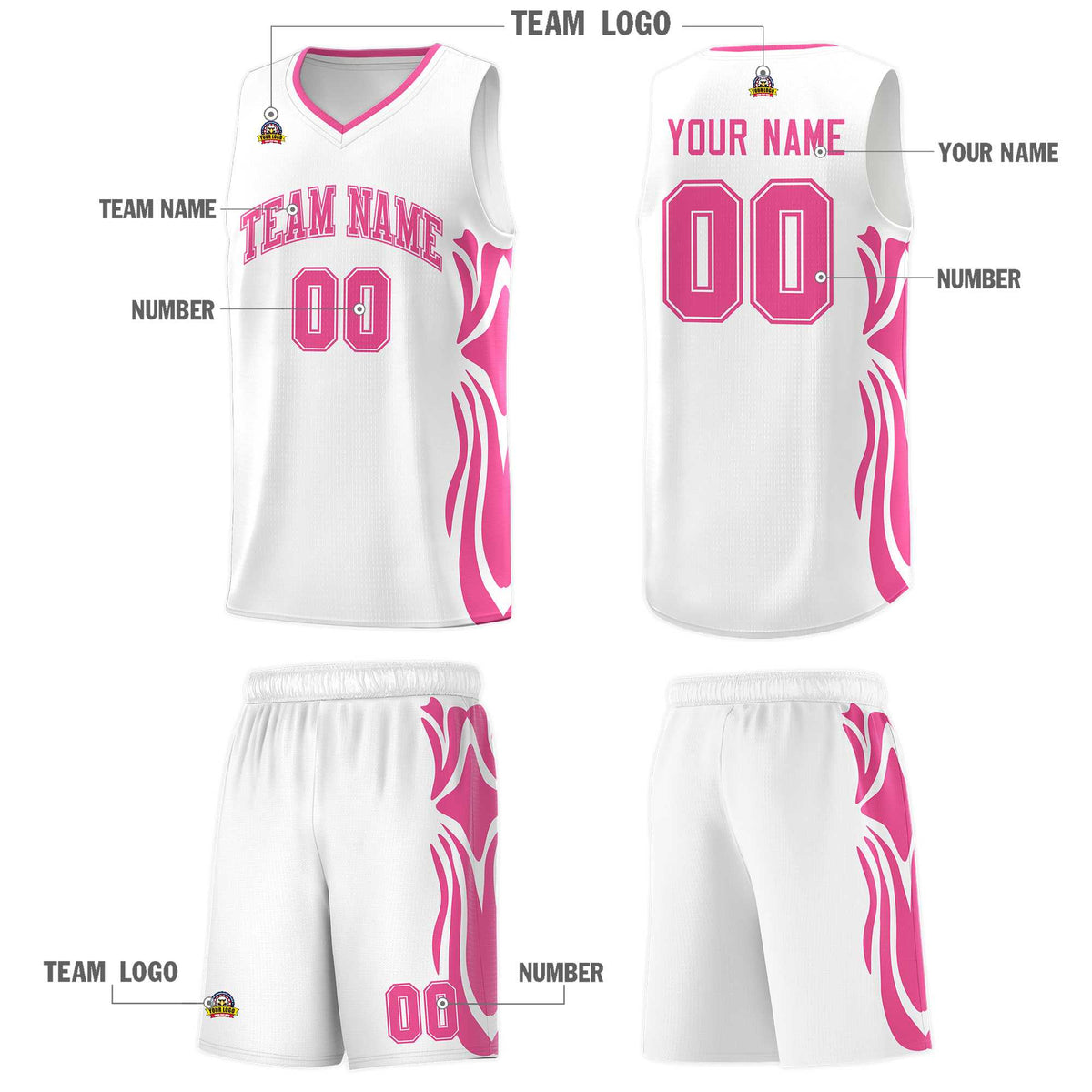 Custom White Pink-Pink Graffiti Pattern Side Curve Pattern Sports Uniform Basketball Jersey Sets