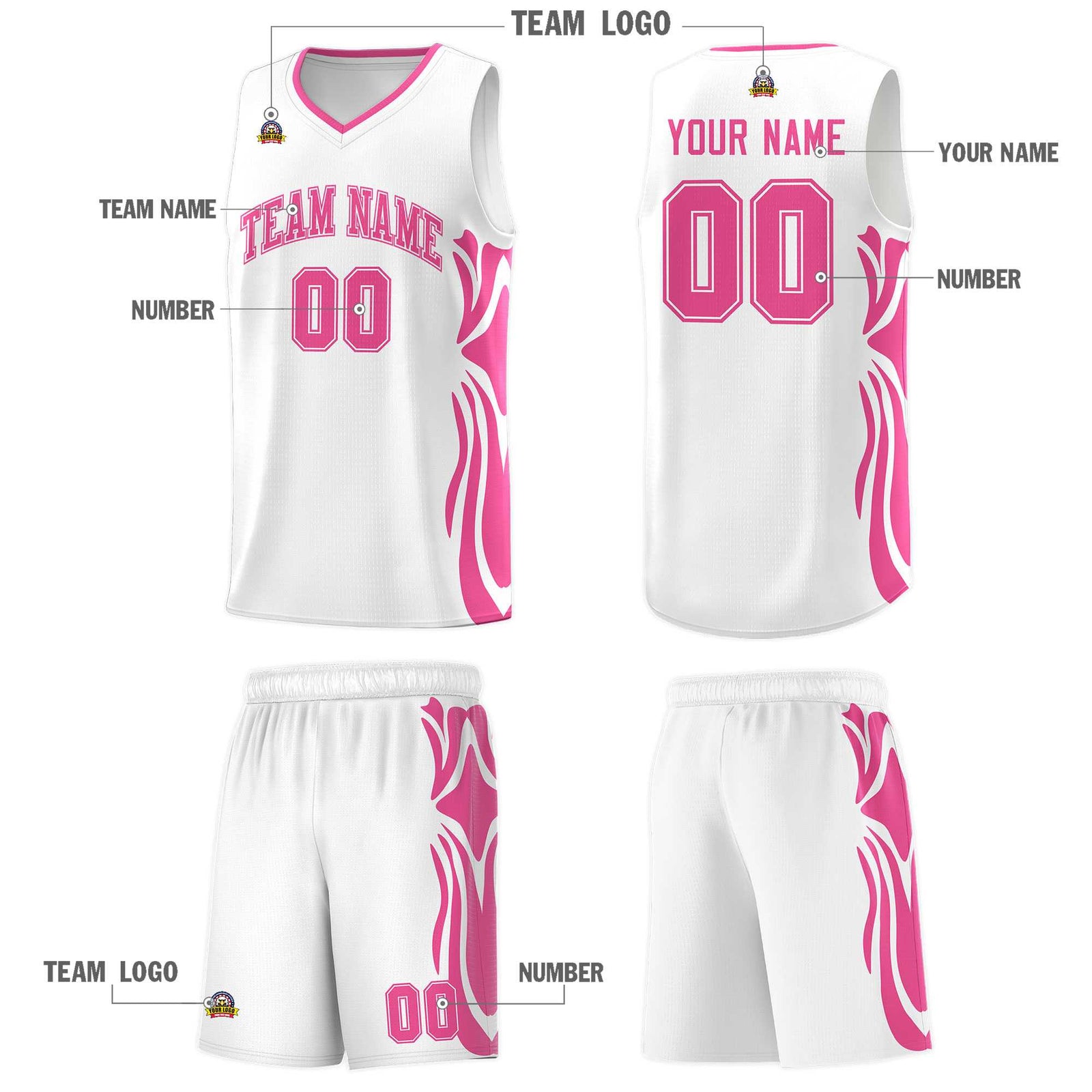 Custom White Pink-Pink Graffiti Pattern Side Curve Pattern Sports Uniform Basketball Jersey Sets