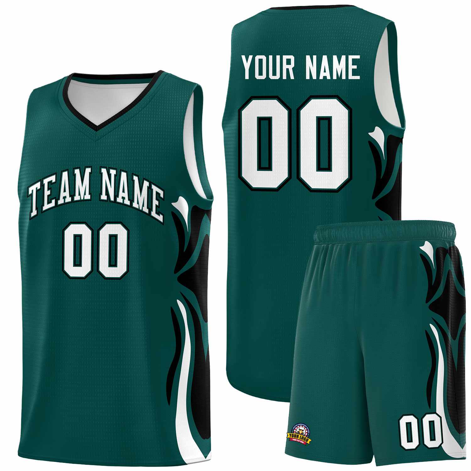 Custom Midnight Green White-Black Graffiti Pattern Side Curve Pattern Sports Uniform Basketball Jersey Sets