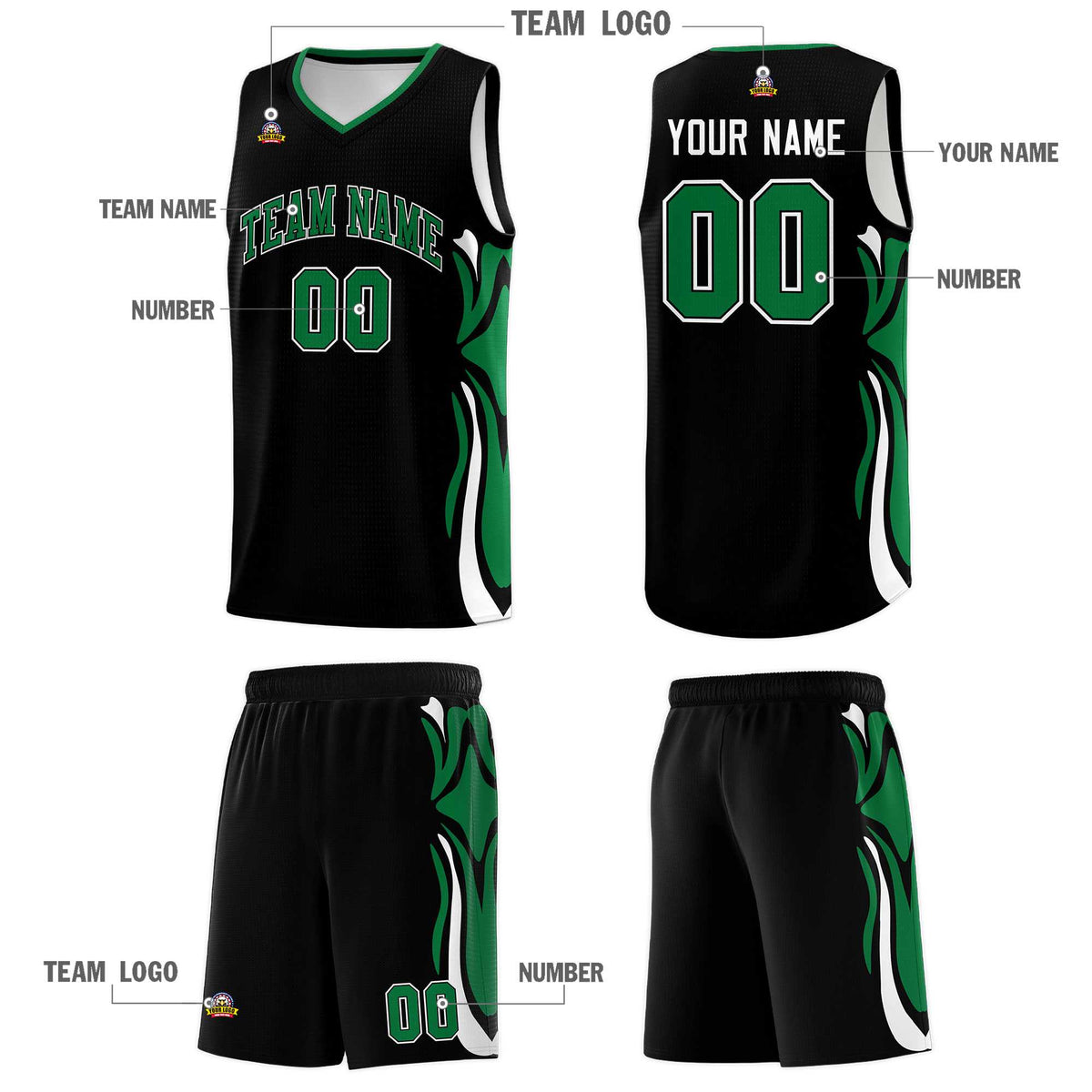 Custom Black Kelly Green-White Graffiti Pattern Side Curve Pattern Sports Uniform Basketball Jersey Sets