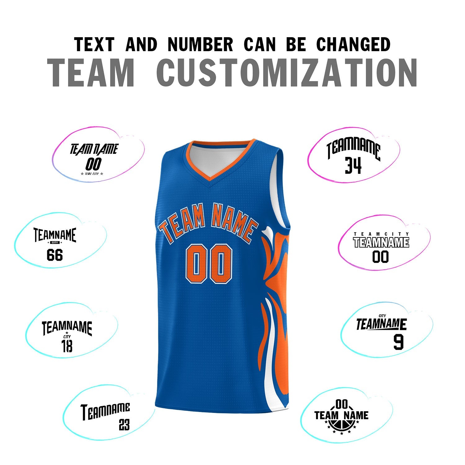 Custom Royal Orange-White Graffiti Pattern Side Curve Pattern Sports Uniform Basketball Jersey Sets