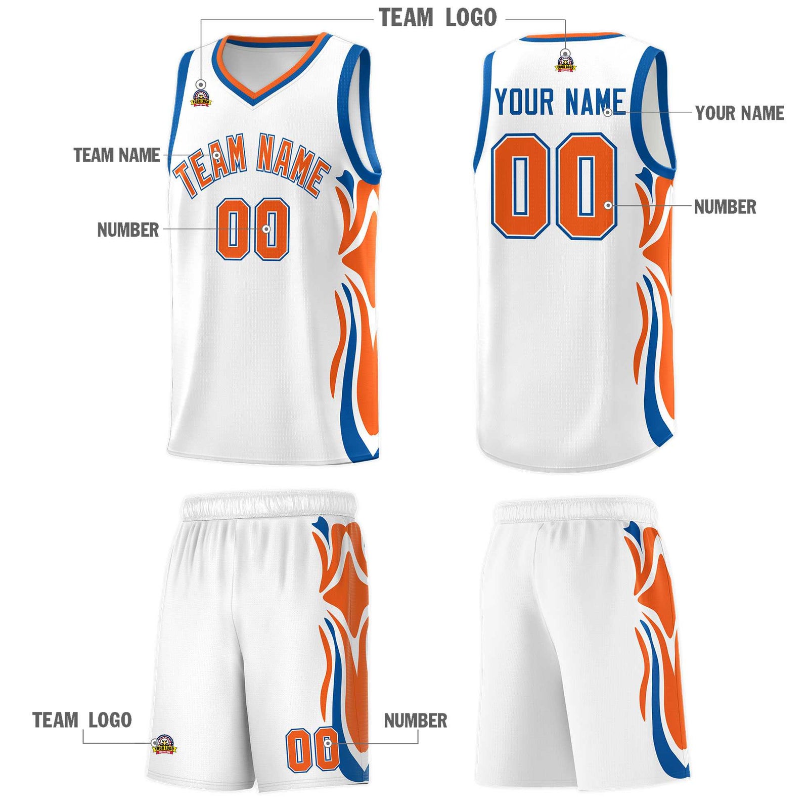 Custom White Orange-Royal Graffiti Pattern Side Curve Pattern Sports Uniform Basketball Jersey Sets