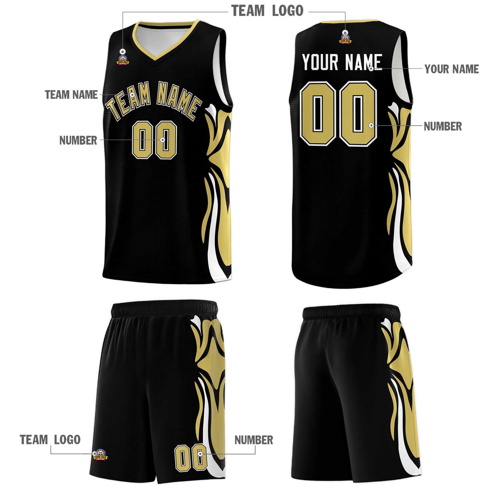 Custom Black Old Gold-White Graffiti Pattern Side Curve Pattern Sports Uniform Basketball Jersey Sets