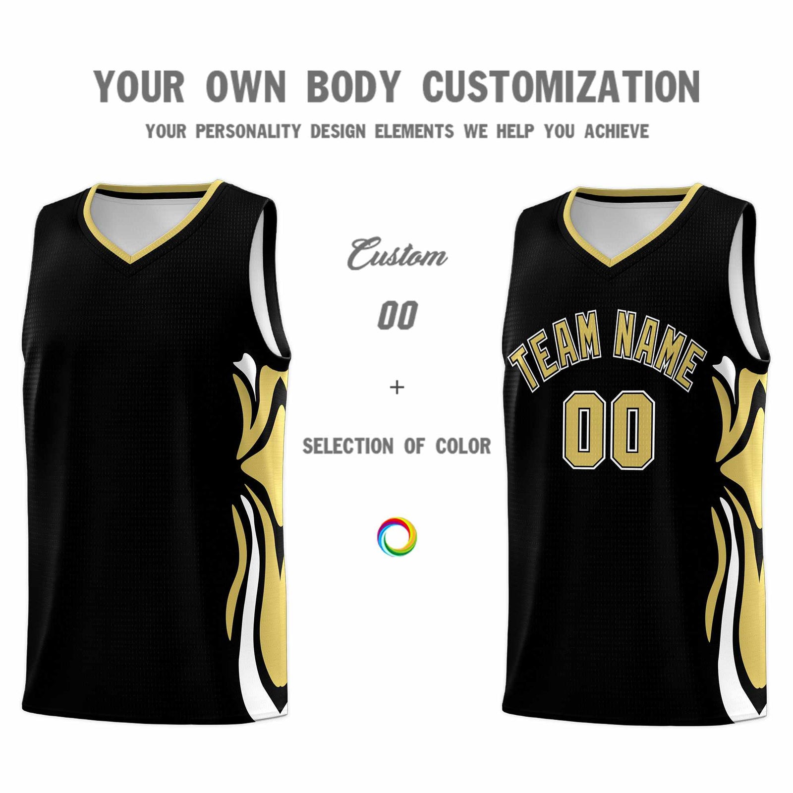 Custom Black Old Gold-White Graffiti Pattern Side Curve Pattern Sports Uniform Basketball Jersey Sets