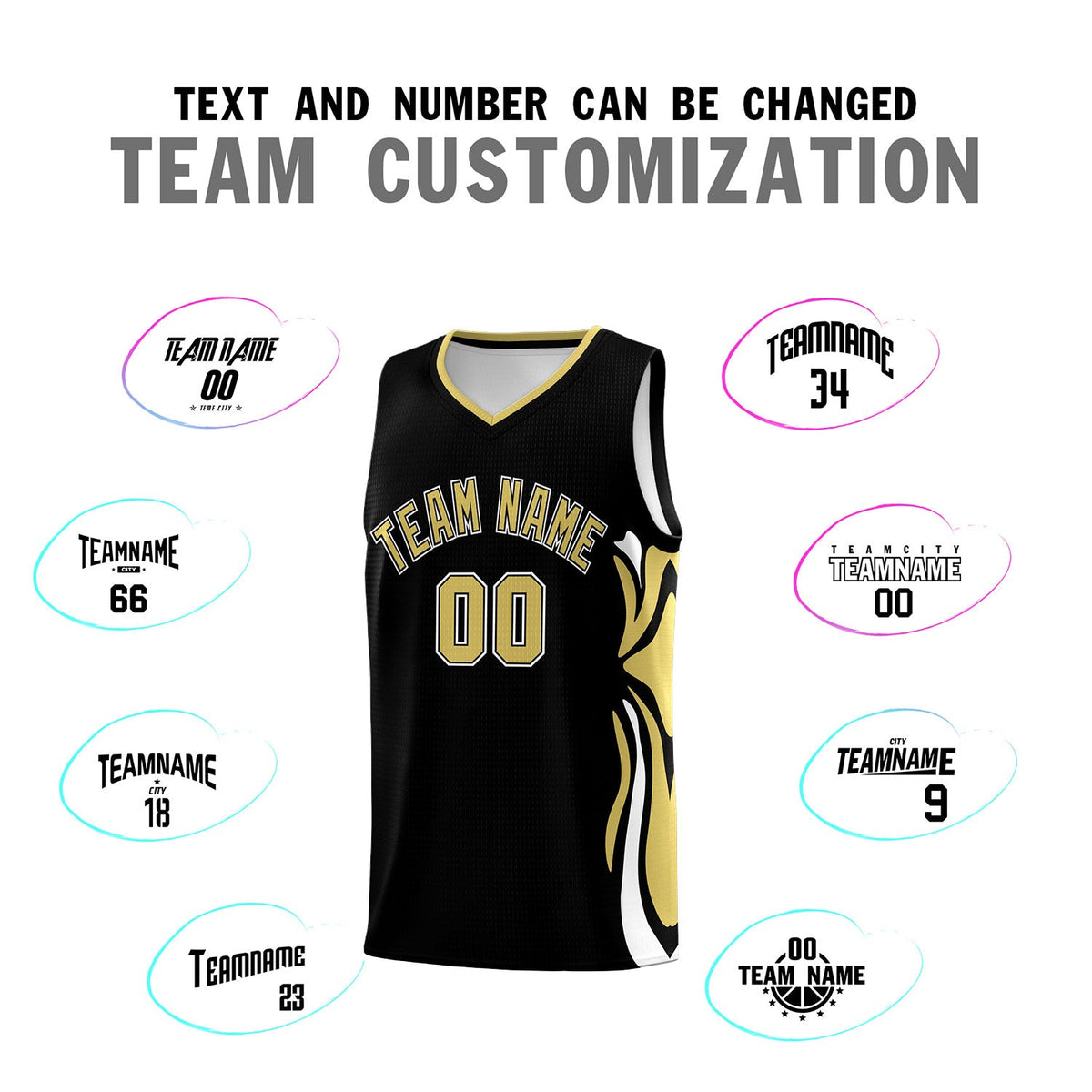 Custom Black Old Gold-White Graffiti Pattern Side Curve Pattern Sports Uniform Basketball Jersey Sets