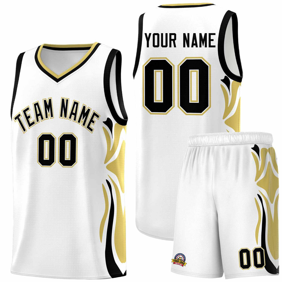 Custom White Black-Old Gold Graffiti Pattern Side Curve Pattern Sports Uniform Basketball Jersey Sets