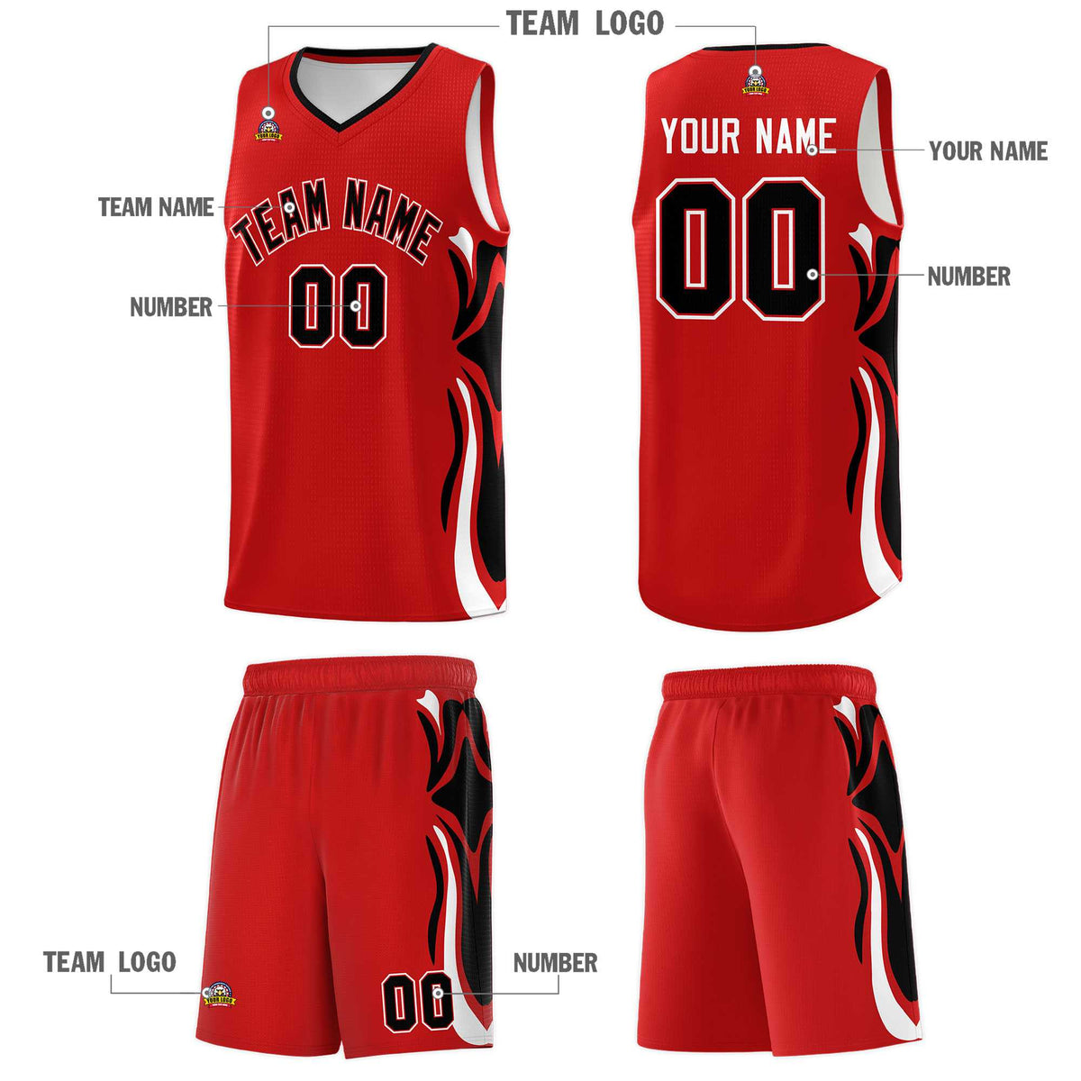 Custom Red Black-White Graffiti Pattern Side Curve Pattern Sports Uniform Basketball Jersey Sets