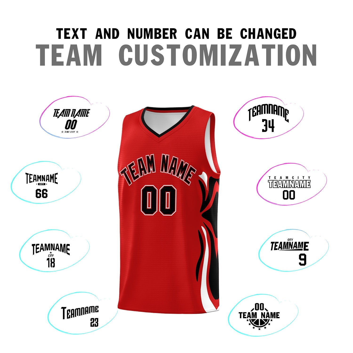 Custom Red Black-White Graffiti Pattern Side Curve Pattern Sports Uniform Basketball Jersey Sets
